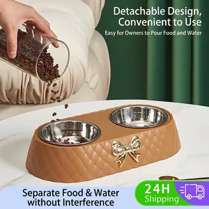 Light Luxury Pet Double Bowl Stainless Steel Cat Food Water Bowls Anti Slip Bowknot Design Diamond Texture Feeder For Cats Small Dogs