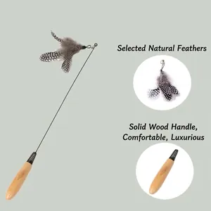 Detail of cat teaser wand with natural feathers and ergonomic solid wood handle