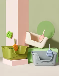 Spacious semi-enclosed cat litter boxes in multiple colors with matching scoops.