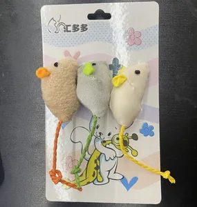Detailed view of three simulation catnip mouse toys attached to packaging card.