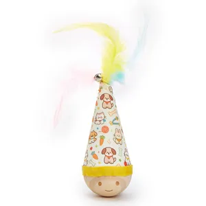 Colorful feather cat tumbler toy with wooden smiley base for interactive self-play