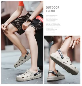 Detalle de zuecos de jardín transpirables para hombre con suelas gruesas en beige