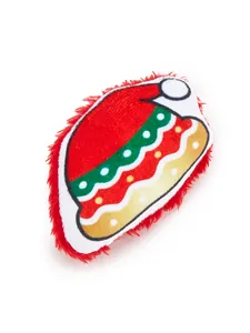 Detailed macro shot of a red Christmas hat plush cat toy with a soft furry texture
