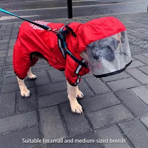 Red waterproof pet raincoat with a transparent face shield for small and medium dogs