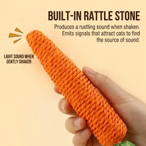 Detailed view of sisal carrot cat toy with built-in sound feature for interactive play