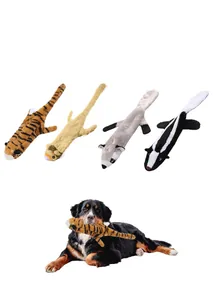 Set of four plush animal-shaped squeaky dog toys with a large dog demonstrating use