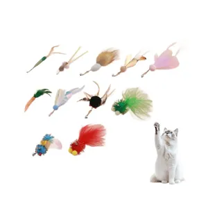 Assorted 11-piece insect-themed cat wand replacement heads with colorful feathers and bells