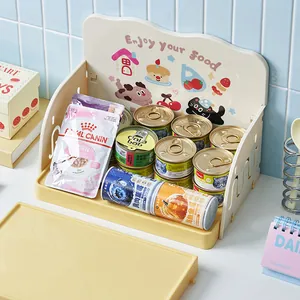 Creamy pet food storage rack with cute cartoon patterns for cat cans and snack pouches