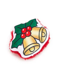 Detailed view of plush Christmas cat toy with festive holly and bells design