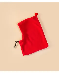 Detail view of red fleece Christmas pet hood with adjustable drawstring for dogs and cats