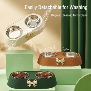 Luxury bow-knot stainless steel double pet bowls for cats and dogs, detachable design