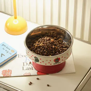 Elevated stainless steel pet bowl with cute cartoon cat pattern and dry pet food