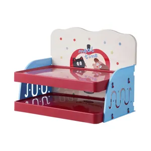 Two-tier pet snack and bowl storage rack featuring a cute cartoon meal time design