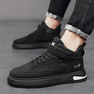 Sneaker alte da uomo nere in tela e pelle scamosciata con chiusura a velcro