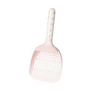 Macaron pink cat litter scoop with heart-shaped mesh holes and cute fish pattern handle