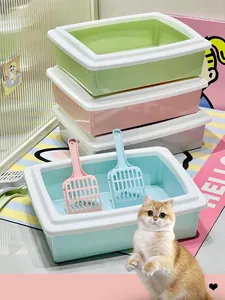 Large rectangular semi-enclosed cat litter box with matching scoop and cute cat