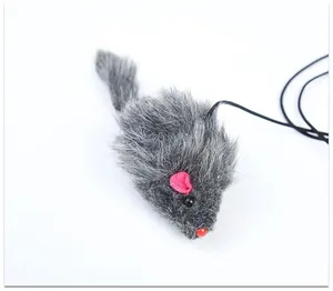 Gros plan d'un jouet pour chat souris en peluche grise avec cordon de suspension élastique.