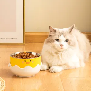 Cartoon little yellow duck stainless steel pet bowl for cats and dogs, anti-tip design
