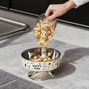 Elevated stainless steel pet bowl with cute 'Happy Time' print for cats and dogs