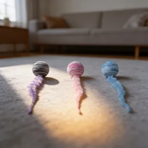 Set di tre giocattoli di peluche colorati per gatti con coda soffice.