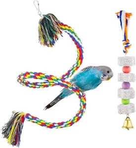 Détail des jouets pour perroquets avec perchoir en corde colorée et blocs de minéraux