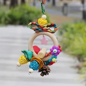 Close-up of a colorful bird toy with wooden ring, vine balls and pinecone for parrots