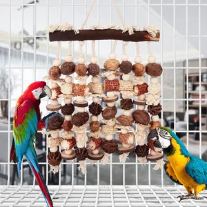 Large hanging parrot chewing toy with natural nuts and corn cobs for macaw parrots