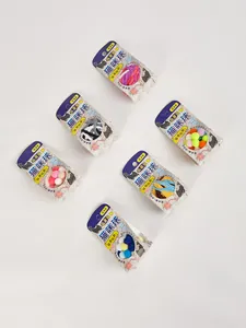 Colorful plush cat toy balls with bells in retail packaging displayed on white background.