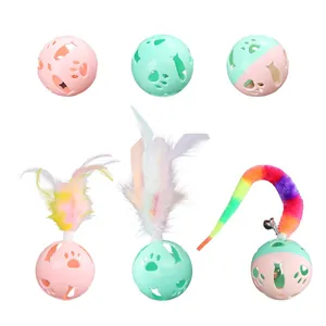 Interactive cat toy ball set featuring colorful feathers, a rainbow tail, and bells