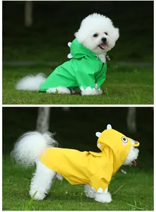 Detailed view of green and yellow cartoon dinosaur pet raincoats for small dogs