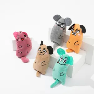 Macro view of plush cat toys with funny facial expressions in a colorful 5-piece set