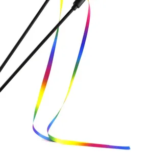 Dettaglio ravvicinato di un vibrante nastro color arcobaleno attaccato a una bacchetta per gatti