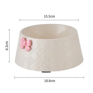 Gamelle pour animaux crème avec nœud rose et texture en losange avec dimensions