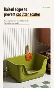 Detail view of 33cm high wall green cat litter box with orange scoop for splash proof