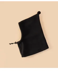 Detailed view of a soft black polar fleece pet balaclava featuring an adjustable drawstring