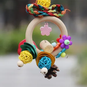 Close-up of bird chewing toy with wooden ring, wicker balls, and pine cone