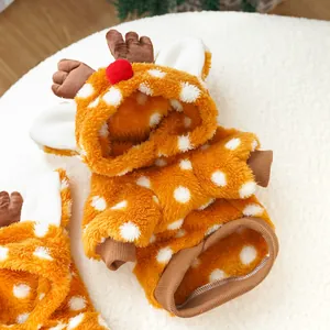 Detail view of cute reindeer-themed pet Christmas costume with soft orange plush texture