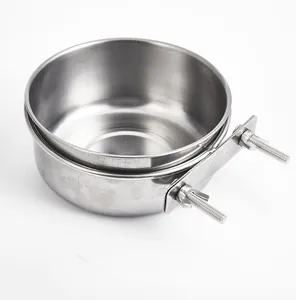 Detail view of durable stainless steel pet bowl with cage mounting bracket and screws