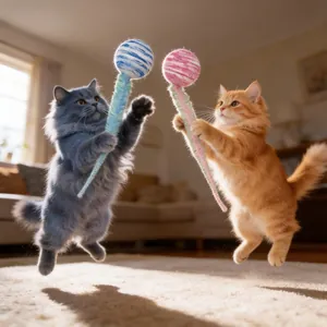Due gatti giocherelloni che saltano per afferrare peluche colorati in una casa accogliente