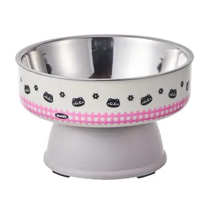 Raised stainless steel pet bowl with cute cartoon cat patterns for feline neck protection