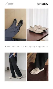 Detailed collage of lightweight slip-on leather loafers in stylish black and beige finishes