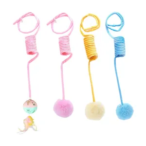 Set of four colorful spring plush cat teaser toys with dangling balls and feathers