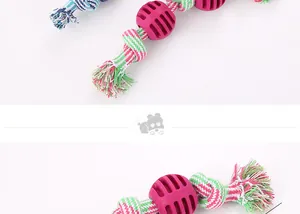 Macro detail of multicolored braided cotton rope and textured TPR ball dog chew toy
