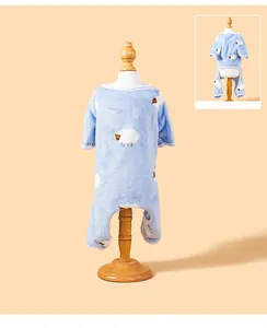 Back view detail of soft blue coral fleece dog pajamas with cute white sheep pattern