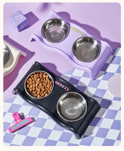 Multi-color stainless steel double pet bowl set with wavy elevated stand for cats and dogs.