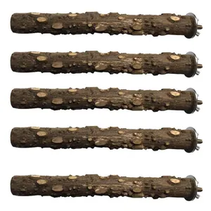 Close-up view of five prickly ash wood bird perches showing natural texture and screws.
