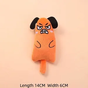 Detail view of orange catnip plush toy featuring funny angry expression embroidery