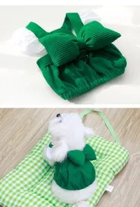 Detail eines grünen Cord-Kürbis-Haustierkleids mit großer Schleife und Spitze