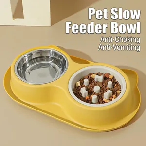 Ensemble de Gamelles Doubles pour Animaux Chats et Chiens Acier Inoxydable Gamelle Anti-Glouton Antidérapante Anti-Éclaboussure Station d'Alimentation en Plastique