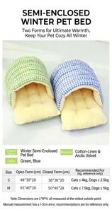 Cozy checkered indoor pet house for cats and small dogs with soft fleece lining and size chart